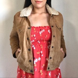 Lucky Brand Genuine Goat Suede Leather Sherpa Lined Trucker Jacket